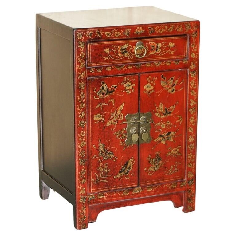 VINTAGE CHINESE HAND PAINTED LACQUERED SIDE TABLE SIZED CUPBOARD WITH DRAWER