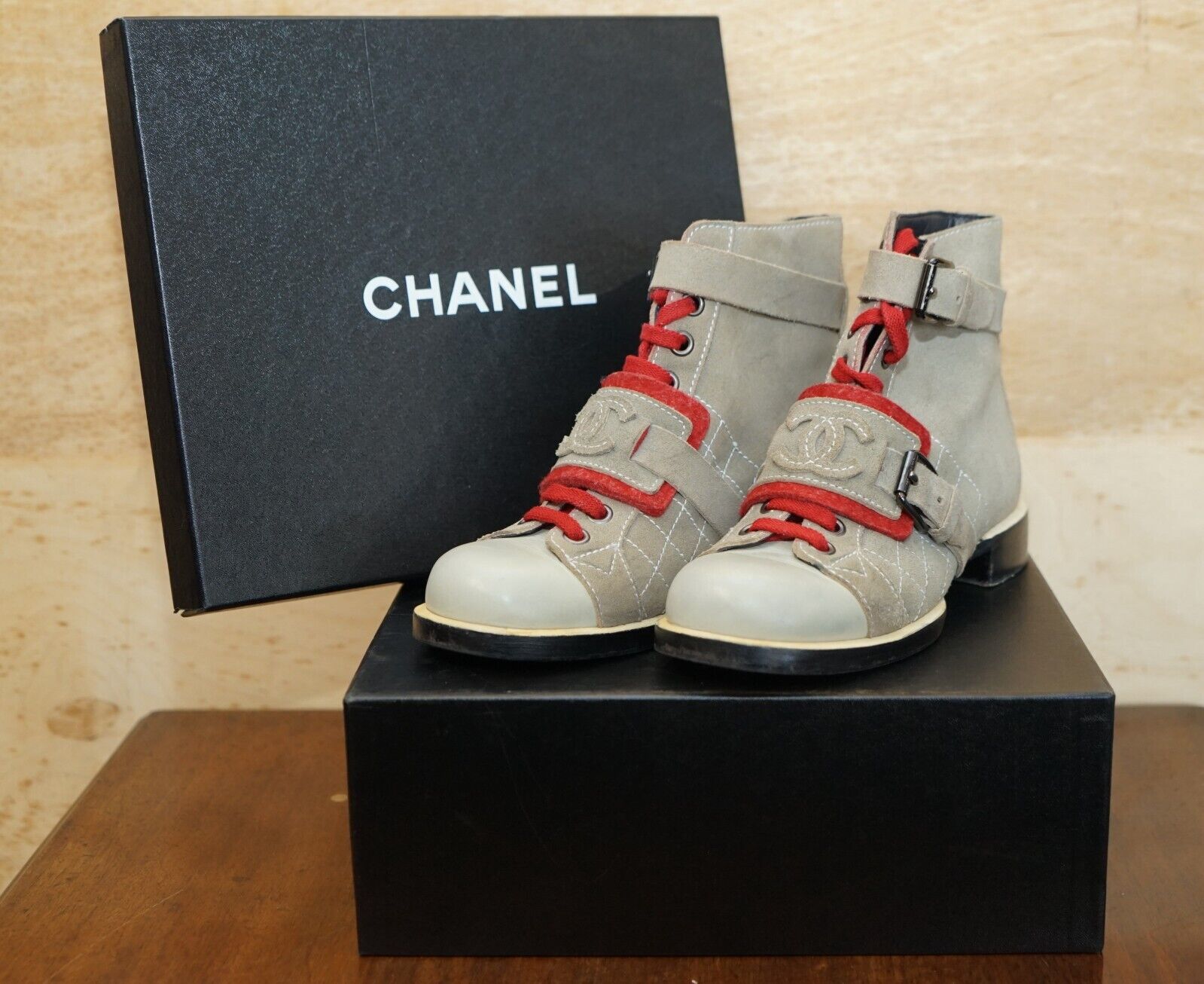 VINTAGE PAIR OF SUEDE CHANEL COCO MARK SHORT BOOTS IN THE ORIGINAL BOX SIZE 39