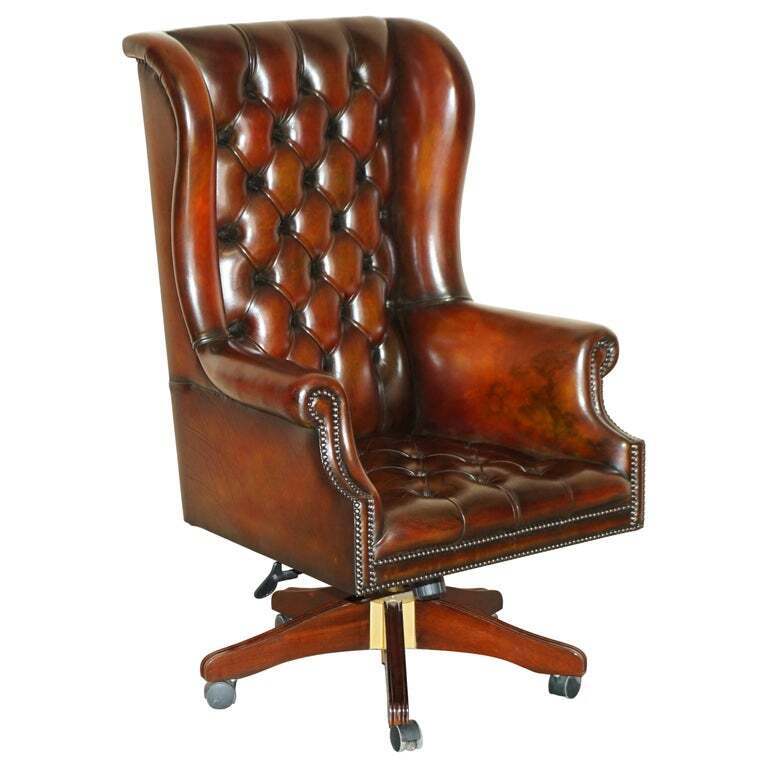 Vintage Harrods London Brown Leather Wingback Captains Directors Swivel Chair