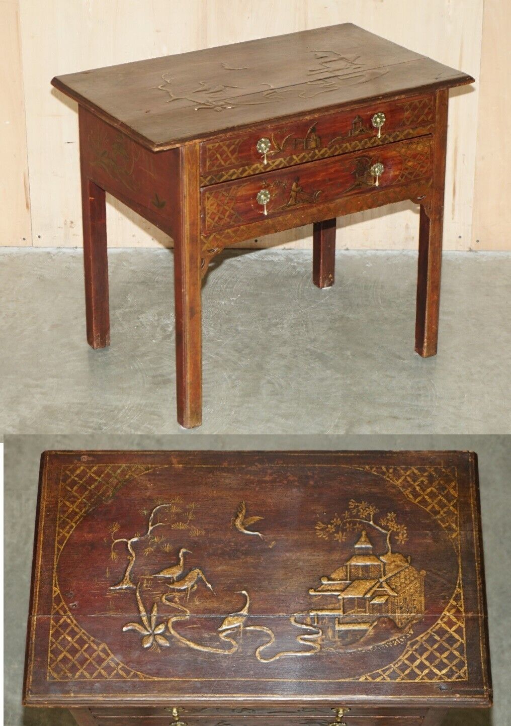 ANTIQUE ORIGINAL GEORGE III RED LACQUER & GILT JAPANNED SIDE TABLE CIRCA 1760