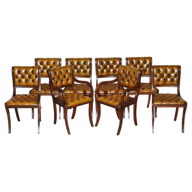 EIGHT VINTAGE MAHOGANY FULLY RESTORED CHESTERFIELD BROWN LEATHER DINING CHAIRS 8
