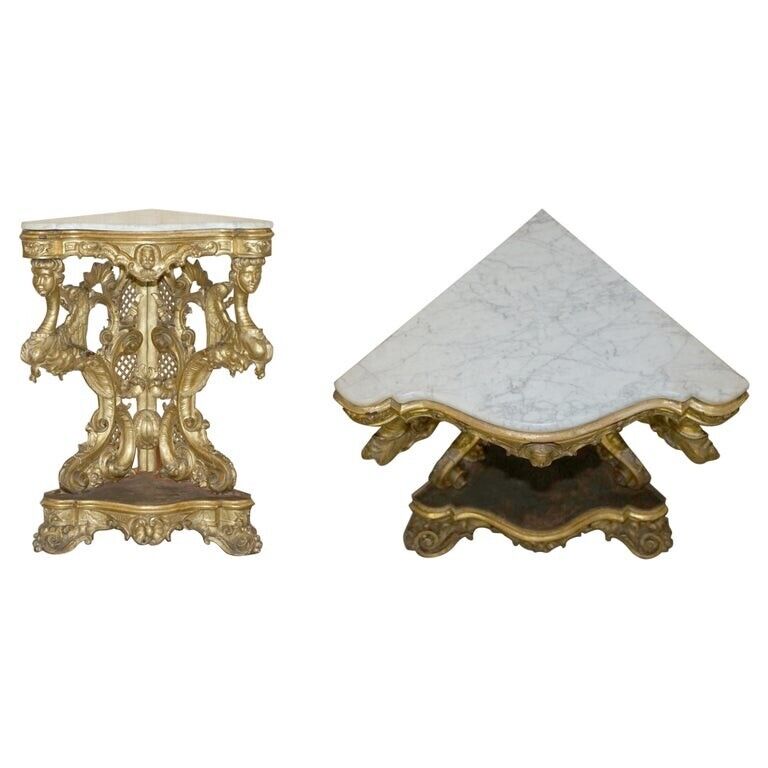 EXQUISITE ANTIQUE ITALIAN GOLD GILTWOOD ITALIAN MARBLE HERM CARVED CORNER TABLE