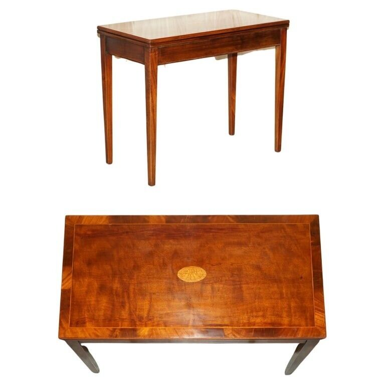 FINE ANTIQUE SHERATON BURR & BURL WALNUT CARD GAMES TABLE WITH SATINWOOD DETAIL
