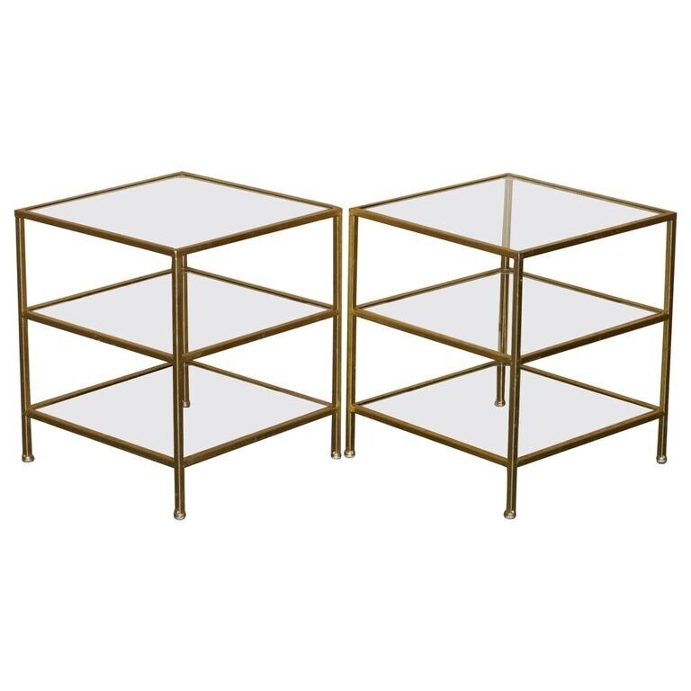 FINE PAIR OF VINTAGE GOLD LEAF PAINTED & GLASS THREE TIER ETAGERE SIDE TABLES