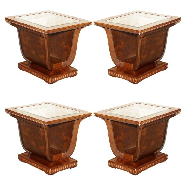 FOUR LARGE TULIP SHAPED GLASS TOP ELM SIDE END TABLES WITH HIDDEN BASE STORAGE