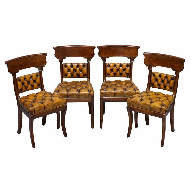 FOUR ORIGINAL REGENCY WALNUT RESTORED CHESTERFIELD BROWN LEATHER DINING CHAIRS