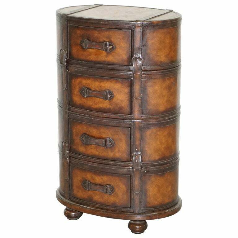 FULLY RESTORED HAND DYED BROWN LEATHER OVAL LUGGAGE TALL BOY CHEST OF DRAWERS