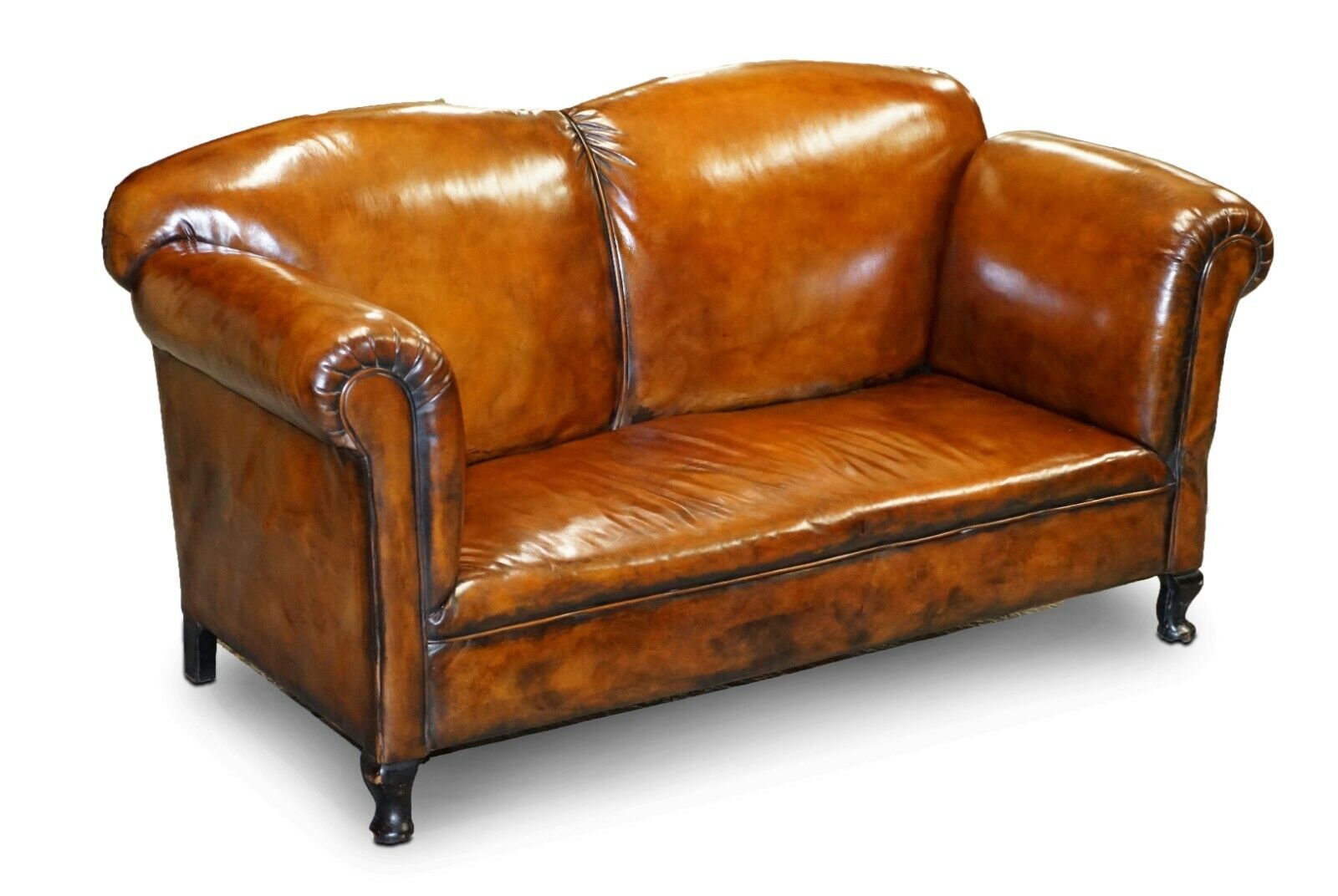 FULLY RESTORED WHISKY BROWN LEATHER DROP ARM CHAISE LOUNGE SOFA HORSE HAIR FILL