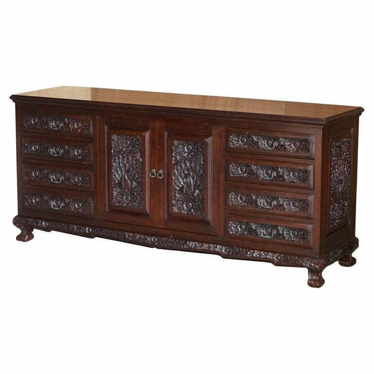HEAVILY CARVED LARGE INDIAN ROSEWOOD SIDEBOARD WITH FLOWERS & PEACOCK DECORATION