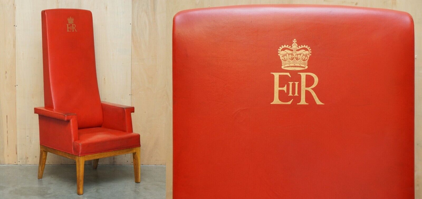 HUGE 1968 QUEEN ELIZABETH II HIGH BACK SESSIONS HOUSE JUDGES LEATHER ARMCHAIR