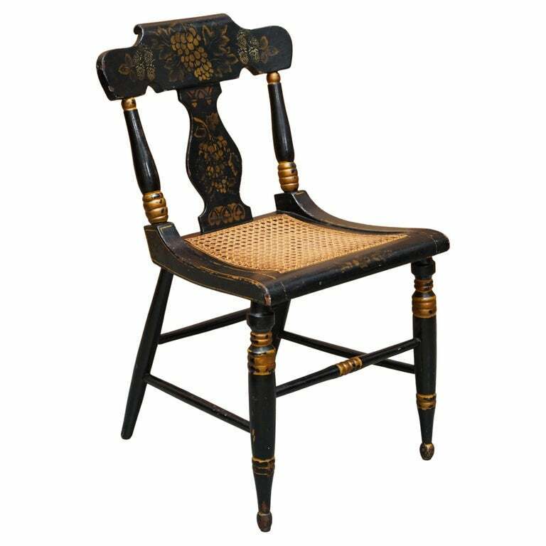 IMPORTANT CIRCA 1825 GEORGIAN BALTIMORE EBONISED PAINTED GILT BERGERE SIDE CHAIR