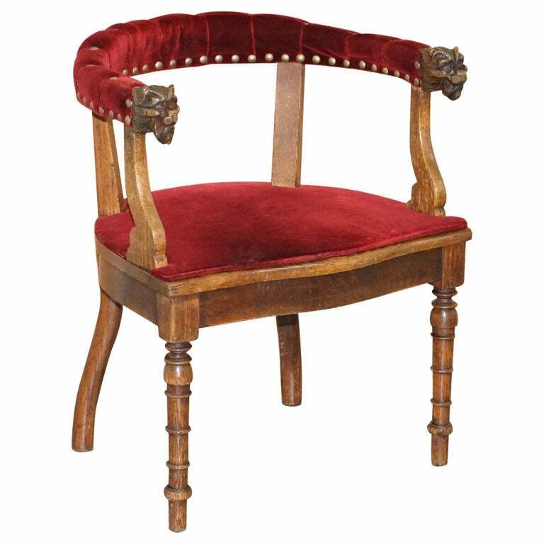 LOVELY ANTIQUE REGENCY OAK CARVED BERGERE ARMCHAIR WITH LIONS HEAD ARMS VELVET