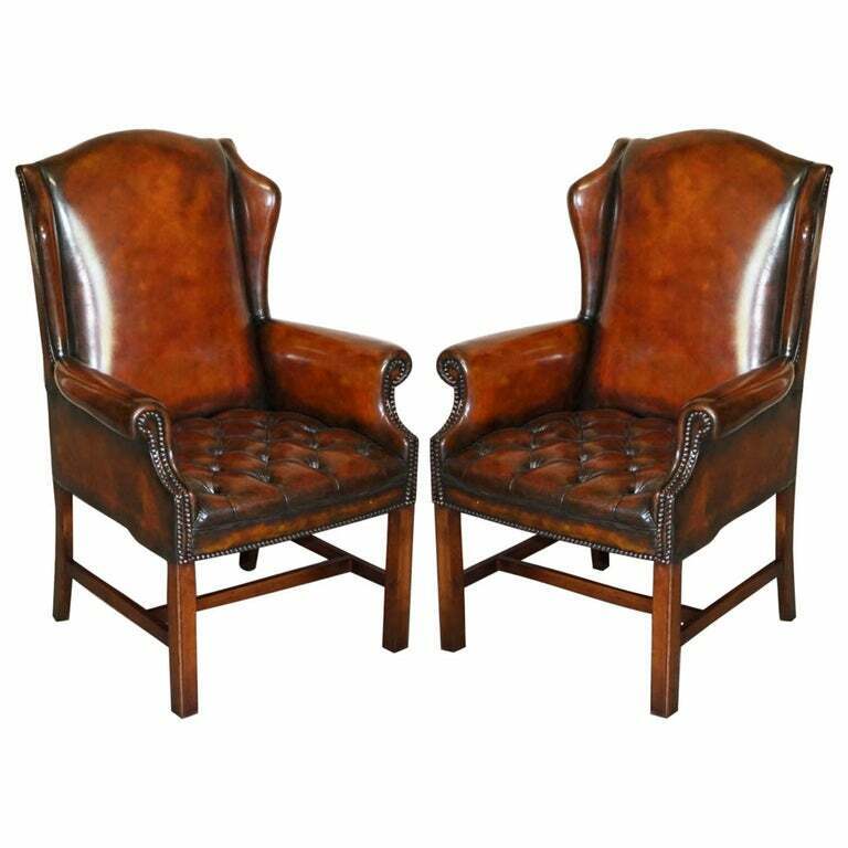 LUXURY PAIR OF RESTORED HAND DYED BROWN LEATHER CHESTERFIELD WINGBACK ARMCHAIRS