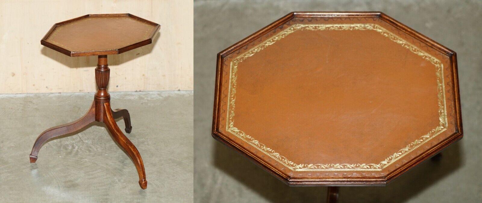 MAHOGANY OCTAGONAL BROWN LEATHER GOLD LEAF TRIPOD SIDE END LAMP WINE TABLE