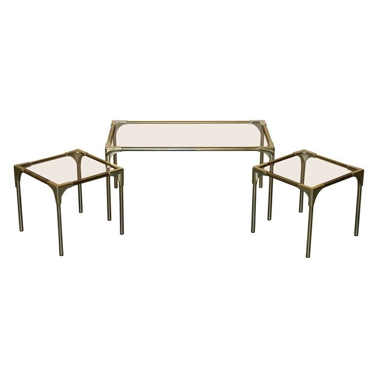 MID CENTURY MODERN BRASS & SMOKED GLASS COFFEE TABLE & PAIR OF SIDE NEST TABLES