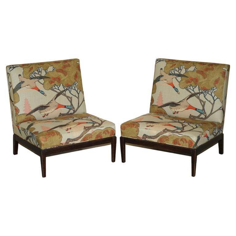 New Pair of George Smith Norris Armchairs in Mulberry Flying Ducks Upholstery