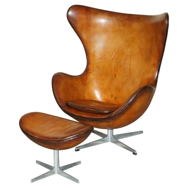 ORIGINAL FULLY RESTORED 1968 FRITZ HANSEN EGG CHAIR & FOOTSTOOL IN BROWN LEATHER