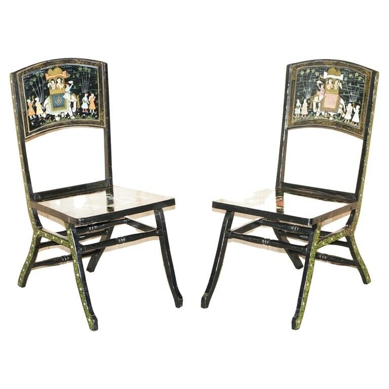 PAIR OF ANTIQUE CHINESE CHINOISERIE INDIAN DECORATION CAMPAIGN FOLDING CHAIRS