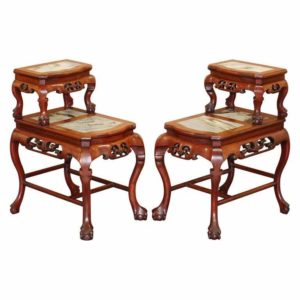 PAIR OF CHINESE HAND CARVED ROSEWOOD MARBLE SIDE TABLES WITH CLAW & BALL FEET