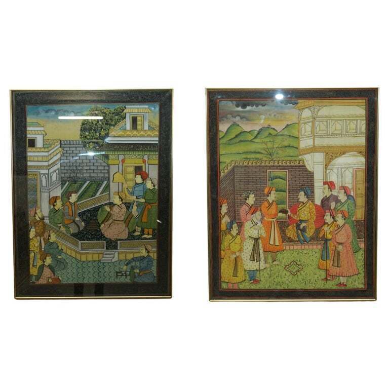 PAIR OF COLLECTABLE ANTIQUE PERSIAN HAND PAINTED ORIENTAL SCENES ON SILK FRAMED
