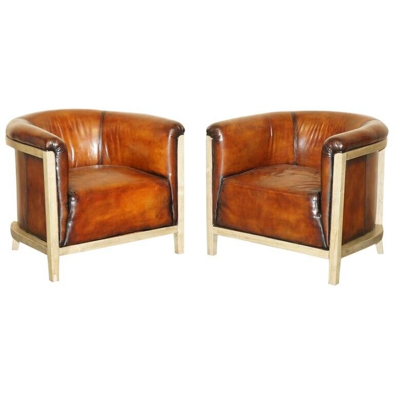 PAIR OF FULLY RESTORED STITCHED BROWN LEATHER LIMED OAK TUB / CLUB ARMCHAIRS