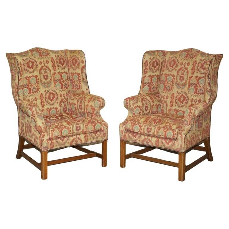 PAIR OF LOVELY GEORGE III STYLE WINGBACK ARMCHAIRS WITH KILIM PATTERN UPHOSLTERY