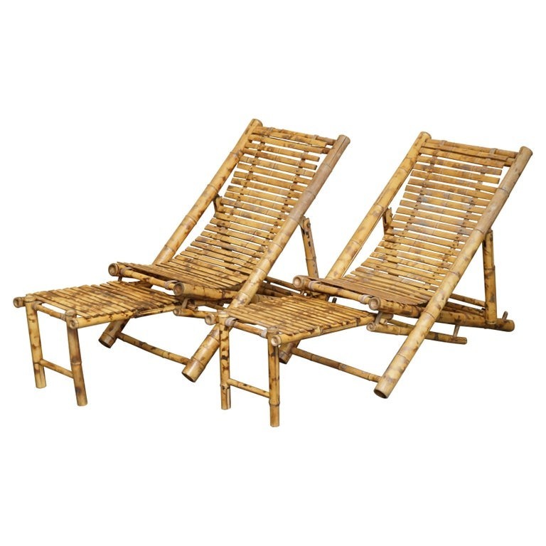 PAIR-OF-MID-CENTURY-MODERN-CIR-1950-BAMBOO-RECLINING-SLING-ARMCHAIRS-FOOTSTOOL-177529740411