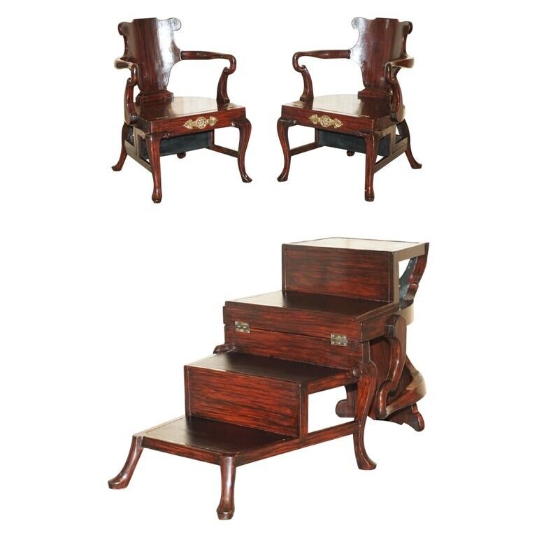 PAIR OF ROSEWOOD GILT METAL EMPIRE REVIVAL METAMORPHIC LIBRARY STEPS ARMCHAIRS