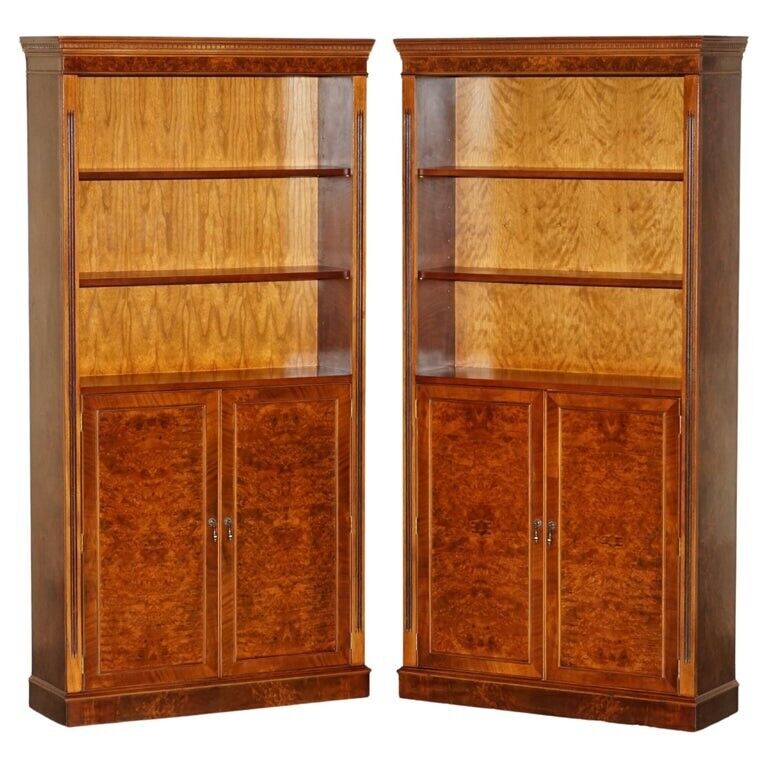 PAIR OF STUNNING VINTAGE BURR & BURL WALNUT OPEN LIBRARY BOOKCASES CUPBOARD BASE