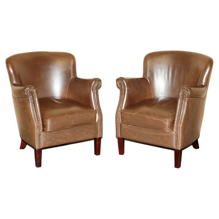 PAIR OF TIMOTHY OULTON HALO STYLE BROWN LEATHER PROFESSOR ARMCHAIRS PART SUITE
