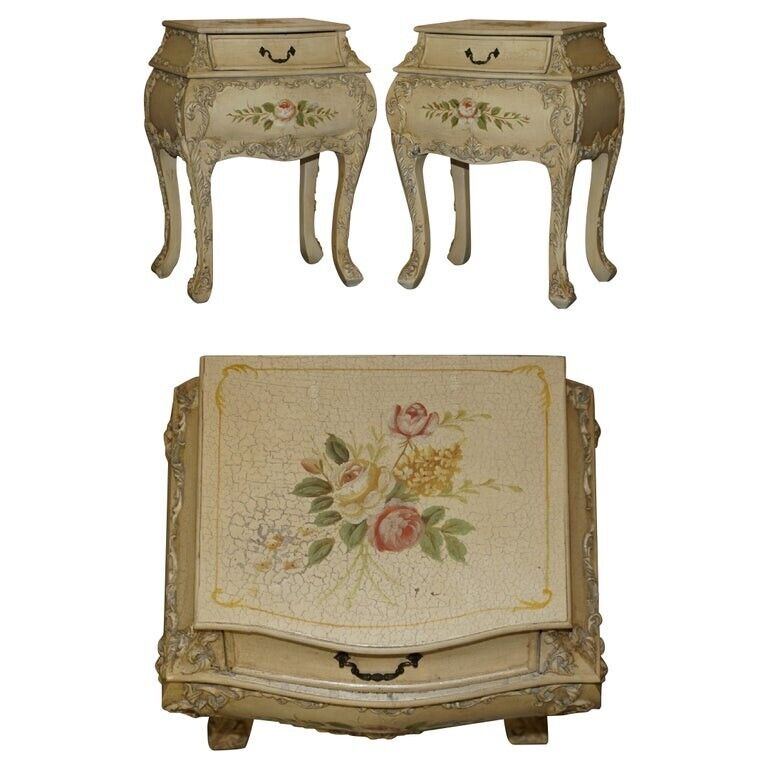 PAIR OF VINTAGE HAND PAINTED FRENCH BOMBE BEDSIDE / SIDE END TABLE SIZE CHESTS