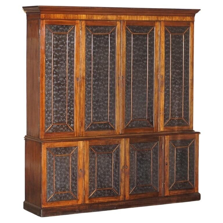 STUNNING ANTIQUE VICTORIAN MAHOGANY & EMBOSSED LEATHER LIBRARY BOOKCASE CUPBOARD