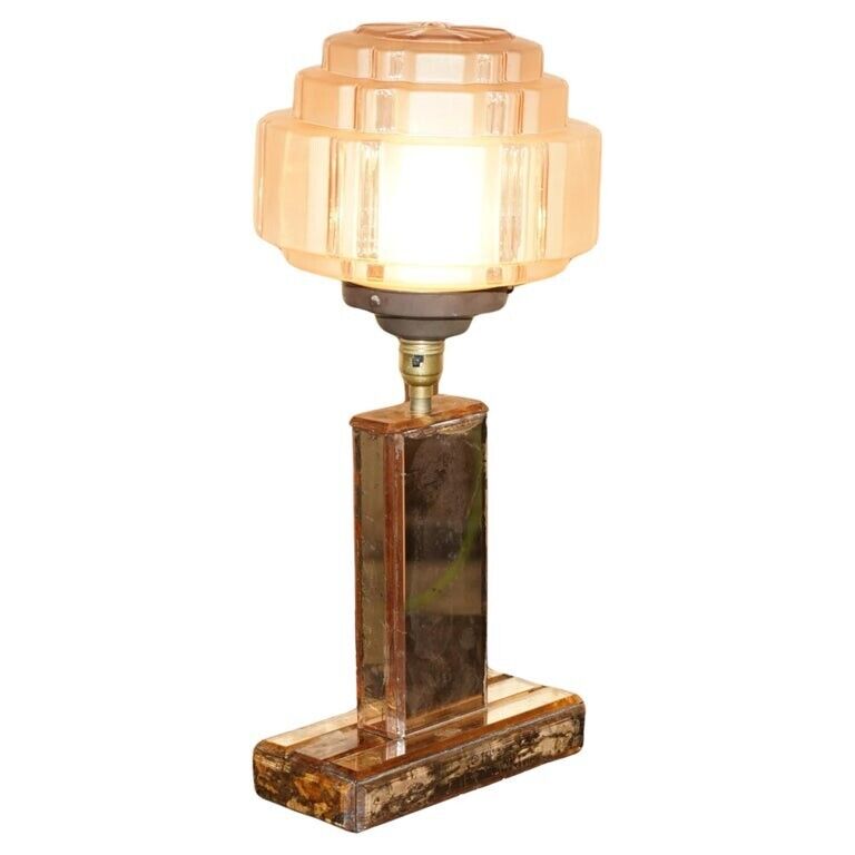 STUNNING ART DECO CIRCA 1930'S PEACH GLASS TABLE LAMP WITH MIRRORED PANELS