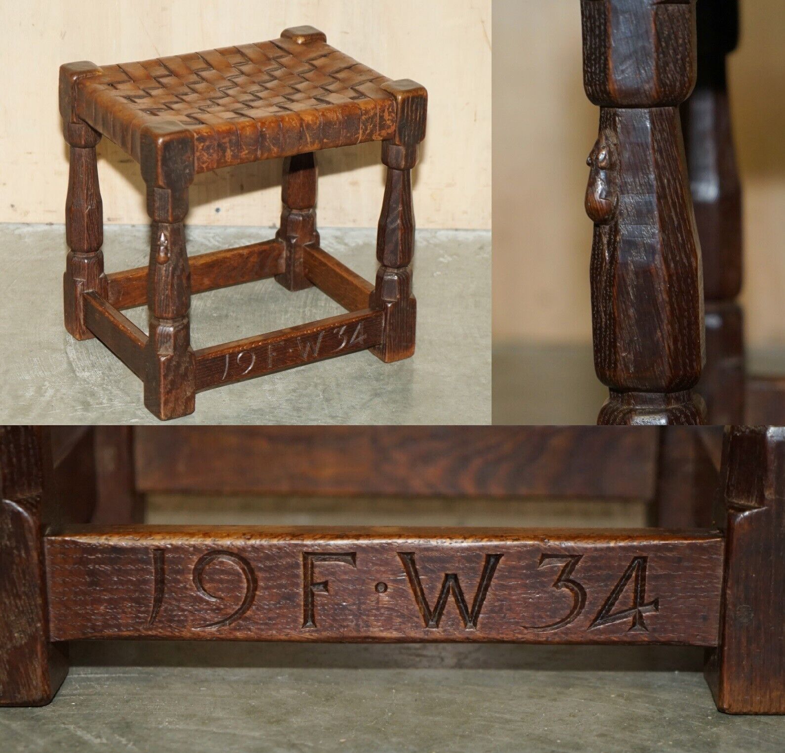 SUPER RARE 1934 DATED ROBERT MOUSEMAN THOMPSON OAK & STRAPPED LEATHER FOOTSTOOL