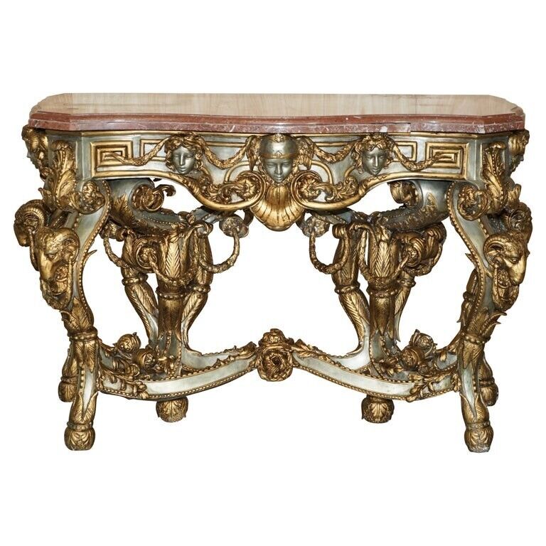 SUPER RARE METAL ANTIQUE BAROQUE RAMS & MAIDEN HEAD MARBLE TOPPED CONSOLE TABLE