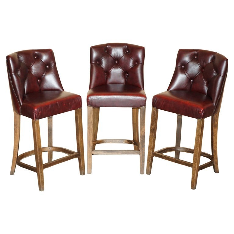 THREE-VINTAGE-OXBLOOD-LEATHER-CHESTERFIELD-TUFTED-KITCHEN-DINER-BAR-STOOLS-205810792841