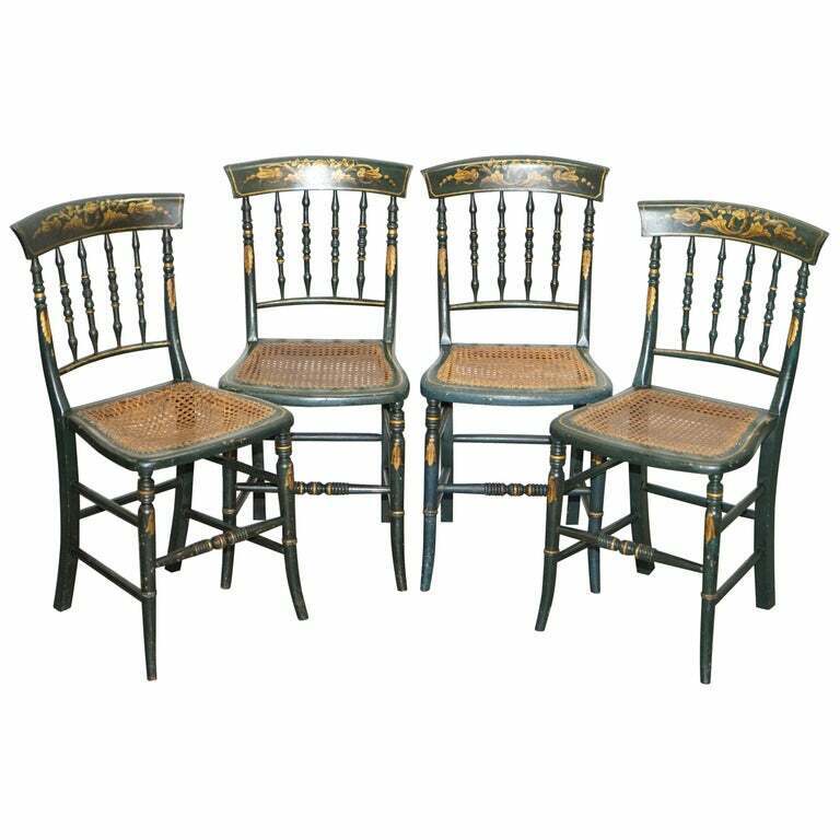 VERY RARE SUITE OF FOUR REGENCY CIRCA 1815 HAND PAINTED BERGERE RATTAN CHAIRS 4