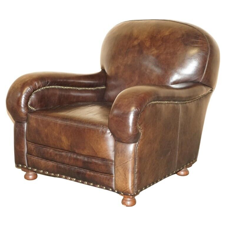 VINTAGE COLLECTABLE DISCONTINUED AGED HERITAGE BROWN LEATHER CLUB ARMCHAIR