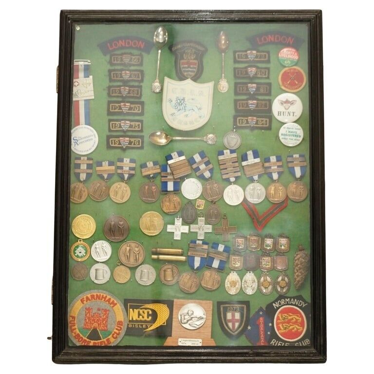 VINTAGE DISPLAY CASE FULL OF SHOOTING SNIPER MEDALS AND AWARDS MUST SEE PIECE