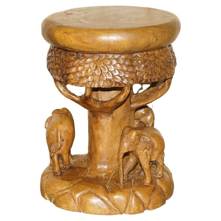 VINTAGE HAND CARVED ELEPHANT STOOL WITH ORNATE DECORATION ALL OVER MUST SEE PICS