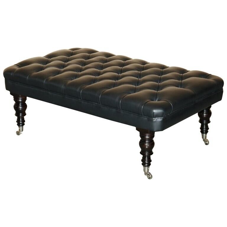 1 OF 2 GEORGE SMITH EXTRA LARGE CHESTERFIELD BLACK LEATHER TUFTED FOOTSTOOLS