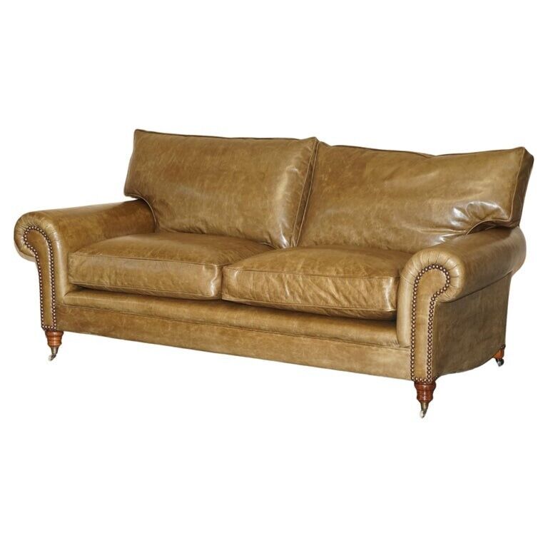 1 OF 2 RRP £19,140 GEORGE SMITH FULL SCROLL ARM CUSHION BACK BROWN LEATHER SOFA
