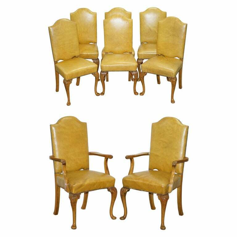8 ART DECO WALNUT HAND CARVED LEATHER DENBY & SPINKS DINING CHAIRS PART OF SUITE
