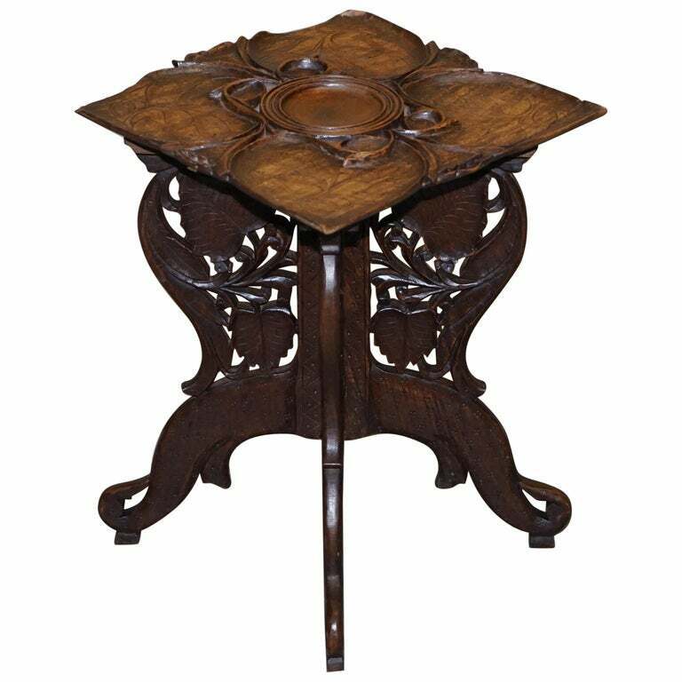 ANGLO BURMESE HAND CARVED 19TH CENTURY ANTIQUE FOLDING SIDE END LAMP WINE TABLE