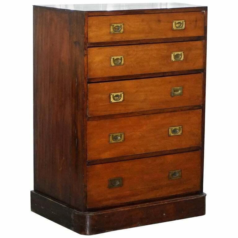 ANTIQUE CIRCA 1860 LARGE 122CM TALL MAHOGANY MILITARY CAMPAIGN CHEST OF DRAWERS