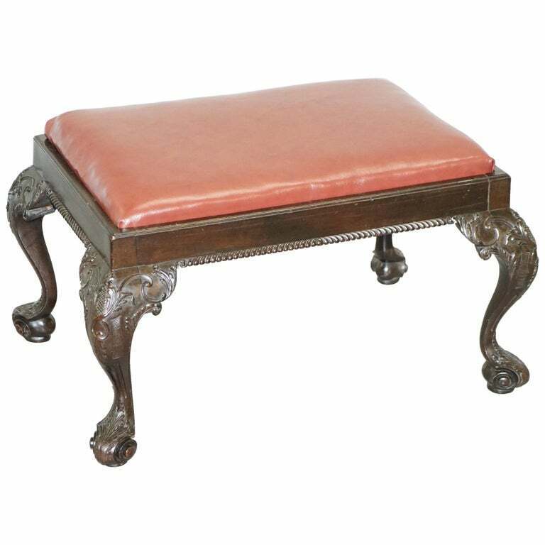 ANTIQUE HAND CARVED ENGLISH GEORGIAN CLAW & BALL FEET FOOTSTOOL BROWN LEATHER