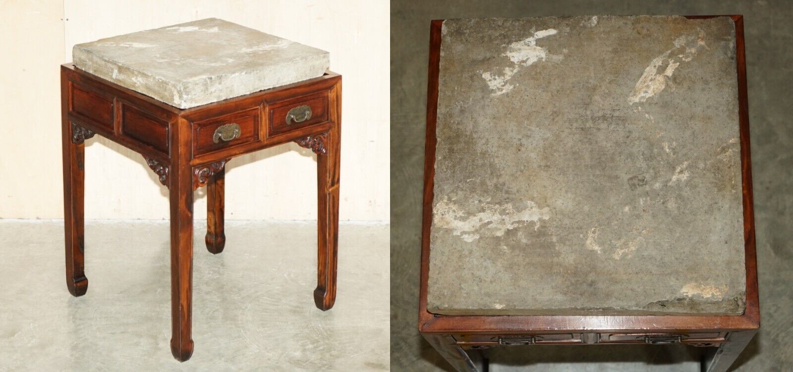 ANTIQUE ORIENTAL HUGE SLAB STONE TOP BUTCHERS COOKS TABLE WITH TWIN DRAWERS