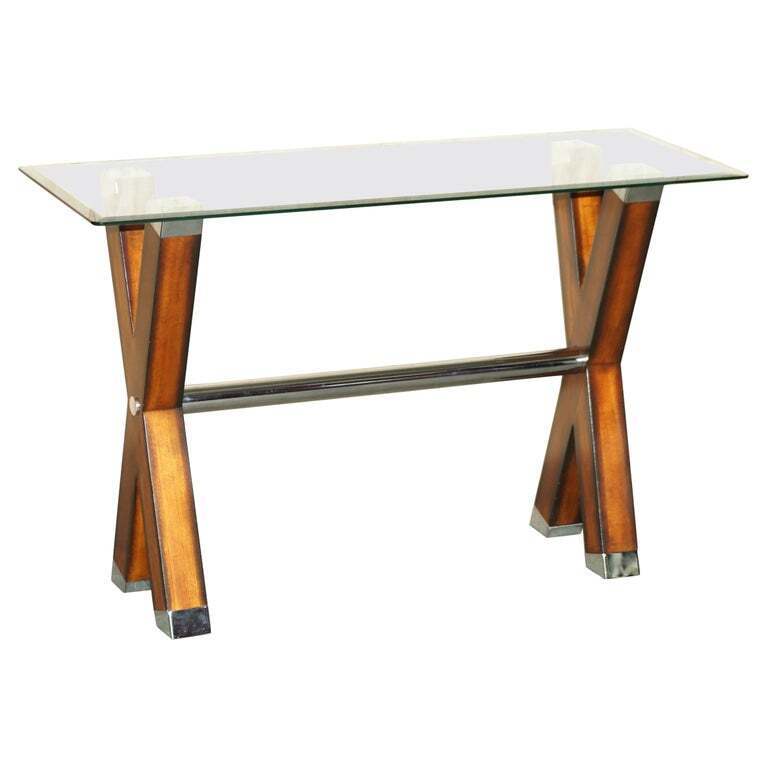 CONTEMPORARY DESIGNER CHROME TIPPED BEECH & GLASS X FRAMED CONSOLE TABLE