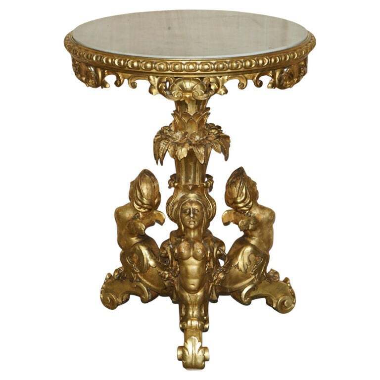 EXQUISITE ANTIQUE FRENCH GOLD GILTWOOD ITALIAN MARBLE HERM CARVED CENTRE TABLE