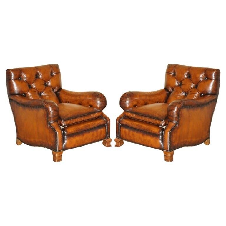 FINE PAIR OF VICTORIAN CHESTERFIELD BROWN LEATHER HOWARD & SON'S STYLE ARMCHAIRS